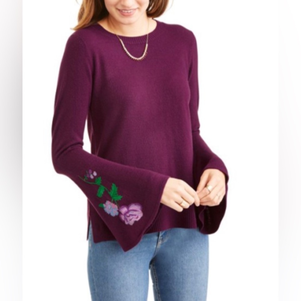 Faded Glory | S (4-6) | Women's Purple Bell Sleeve Embroidered Floral Sweater